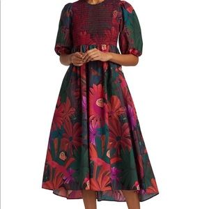 Farm Rio Bird Flowers Smocked Midi Dress